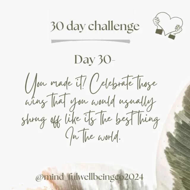 30 days of self commitment is a significant achievement. Sometimes, we are too hard on ourselves. Reverting to the "I should be able to do this anyway" or minimising our achievements. 

So celebrate your wins today. 

#30daychallenge 
#wellbeing 
#achievement
#selfimprovement