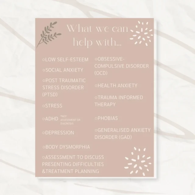 You do not need a diagnosis to seek therapeutic treatment. If you feel you struggle with any of the difficulties listed above or are not quite sure what you are struggling with, then therapy is a great tool to help with this. 

We do not provide diagnoses. However, we do conduct comprehensive assessments to gain an understanding of what symptoms are indicating. We use the National Institite of Care and Excellence (NICE) guidelines for recommended treatment and number of suggested sessions. 

Each person's therapeutic journey is unique, just as each person's life experience is. A collaboration between you and your therapist to identify current difficulties and how to work through them is essential to the ethos of S.M.R. Therapy. 

#mentalhealth 
#services
#wellbeing 
#psychology 
#psychologicaltherapy 
#therapy